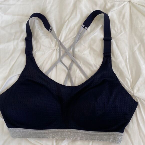 Victoria's Secret Sport Navy Blue Silver Sparkle Glitter Shimmer Strappy Bra - Picture 3 of 16